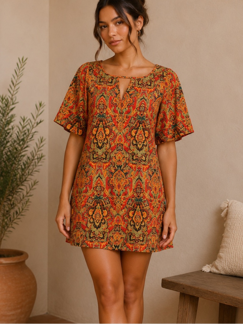 Bohemian Orange and Red Mini Dress